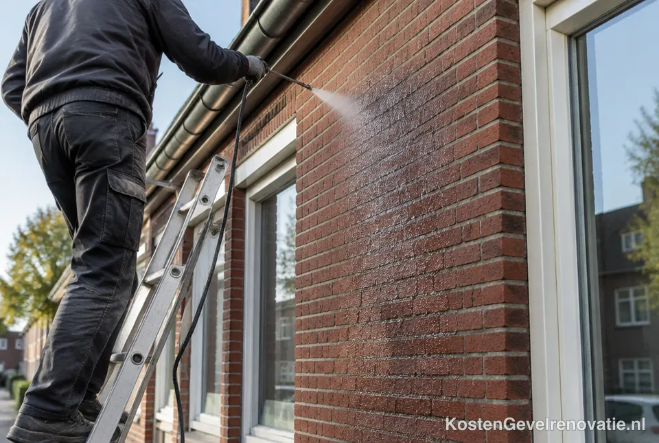 Gevelspecialist spuit impregneermiddel op een bakstenen gevel